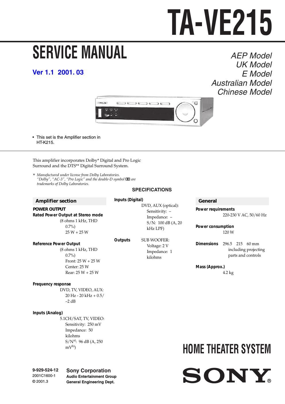 sony ta ve 215 service manual 2